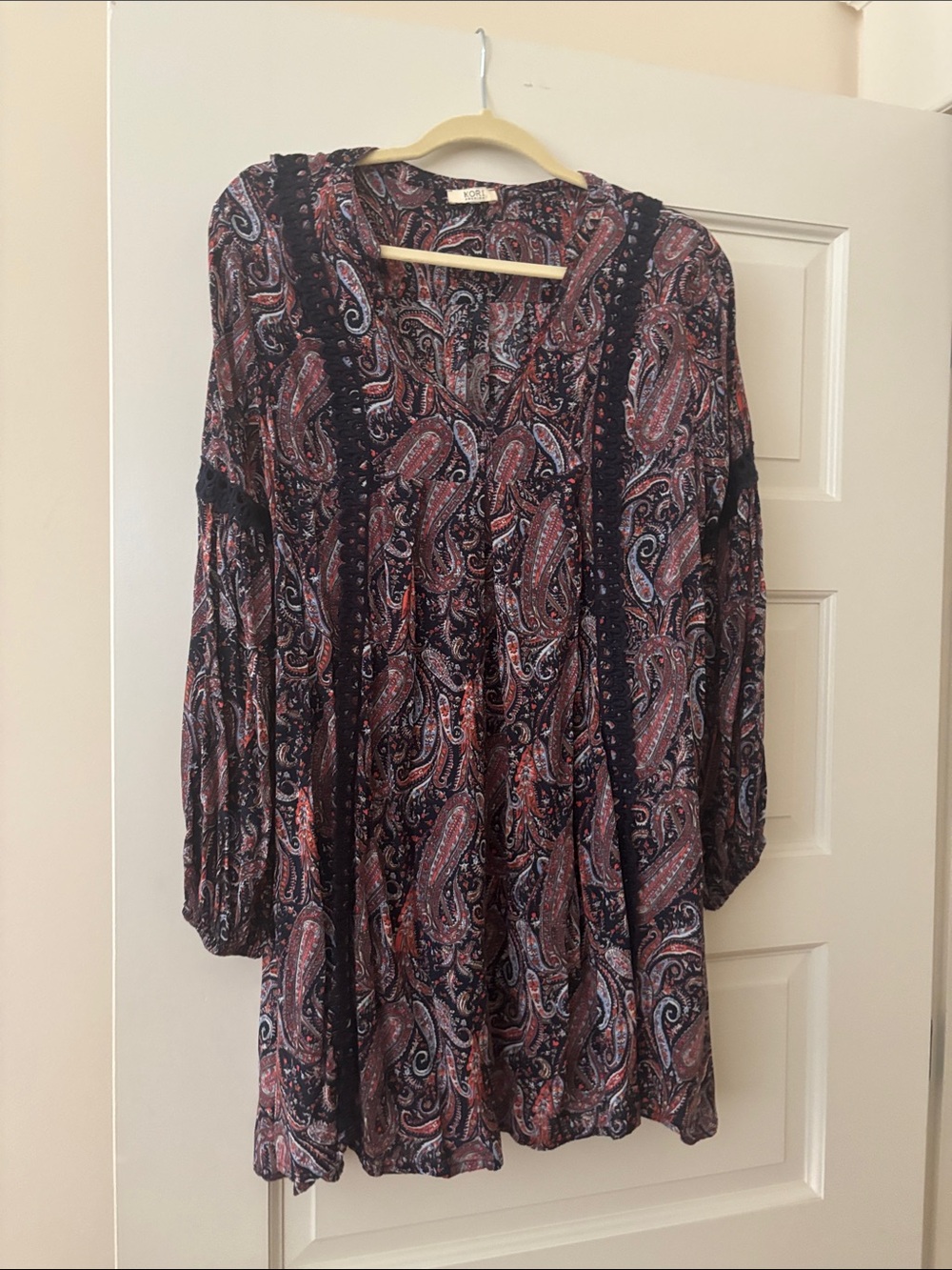 Kori Paisley Long-Sleeve Tunic Dress - Navy, Burgundy, Pink